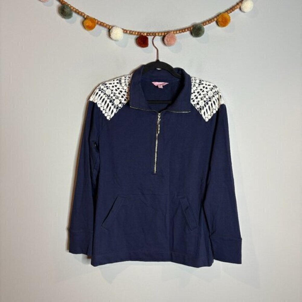 Lilly Pulitzer navy blue Skipper Popover crochet shoulder